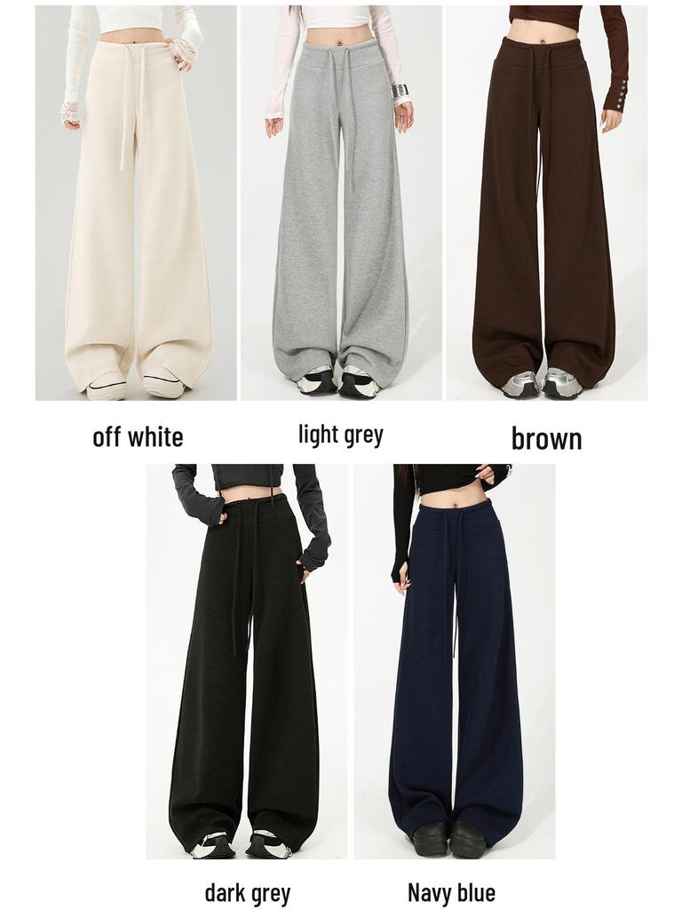 Women's Off-White Fleece-Lined Wide-Leg Pants, Autumn/Winter, Relaxed Fit, Casual, Good Drape, Straight Leg, Glutinous Rice Air Pants