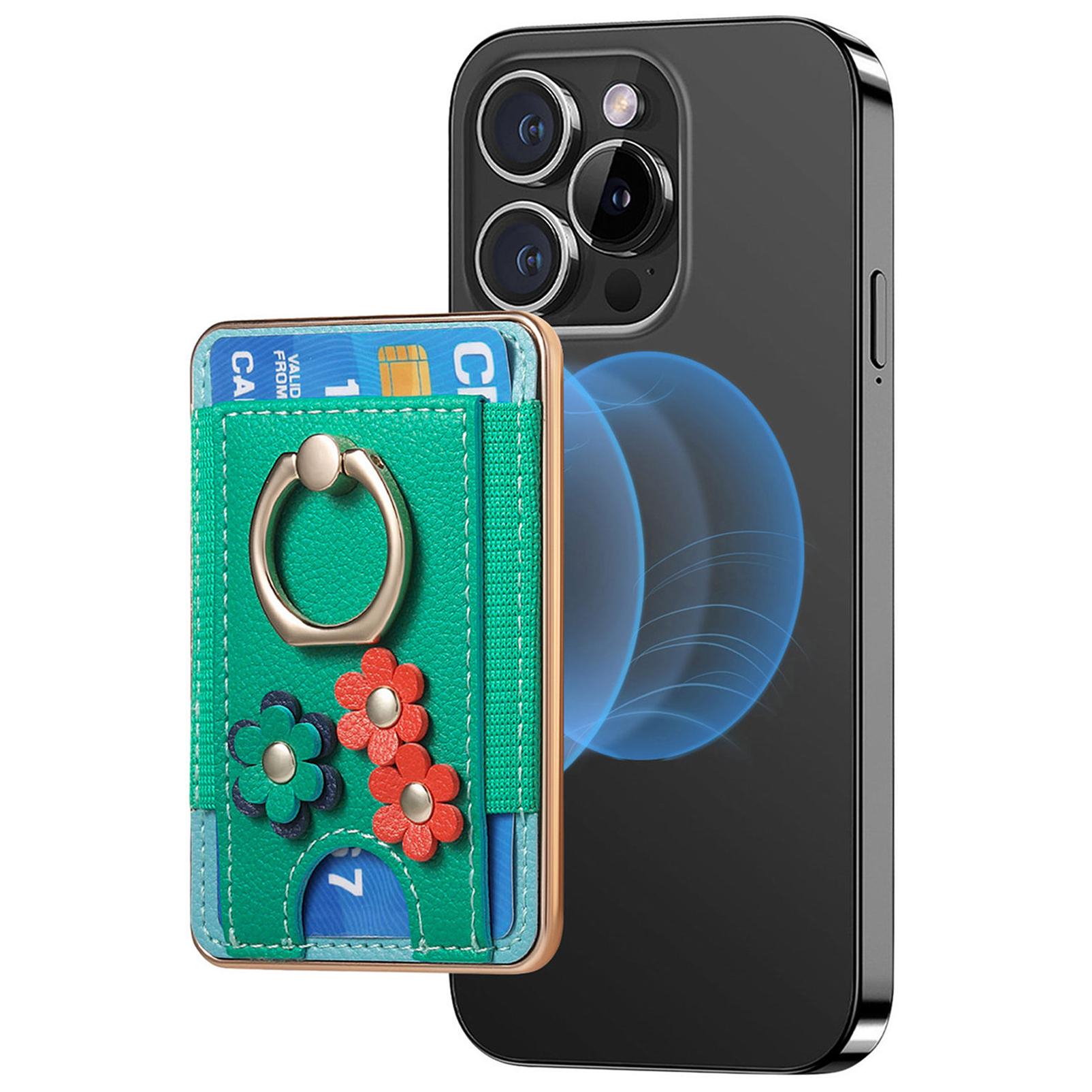 

MC-W10 Magnetic Card Holder Electroplating Ring Kickstand Flower Decor Leather Phone Card Bag Green