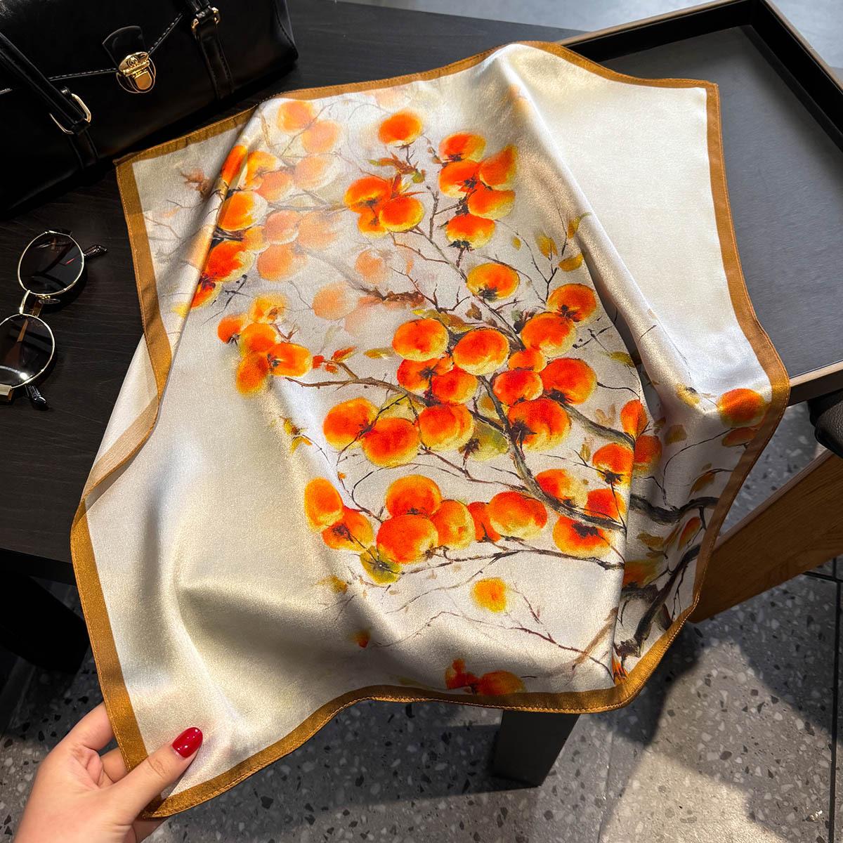 

Luxury 100% Mulbreey Silk Scarf Women Persimmon Floral Print Bandana Shawl Lady Neckerchief Handkerchief Female Decorative Wrap 53x53CM