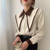 Vintage Chiffon Shirts Women Elegant Patchwork Long Sleeve Blouses Office Lady Korean Black Turn Down Collar Casual Tops