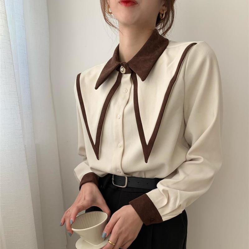 Vintage Chiffon Shirts Women Elegant Patchwork Long Sleeve Blouses Office Lady Korean Black Turn Down Collar Casual Tops