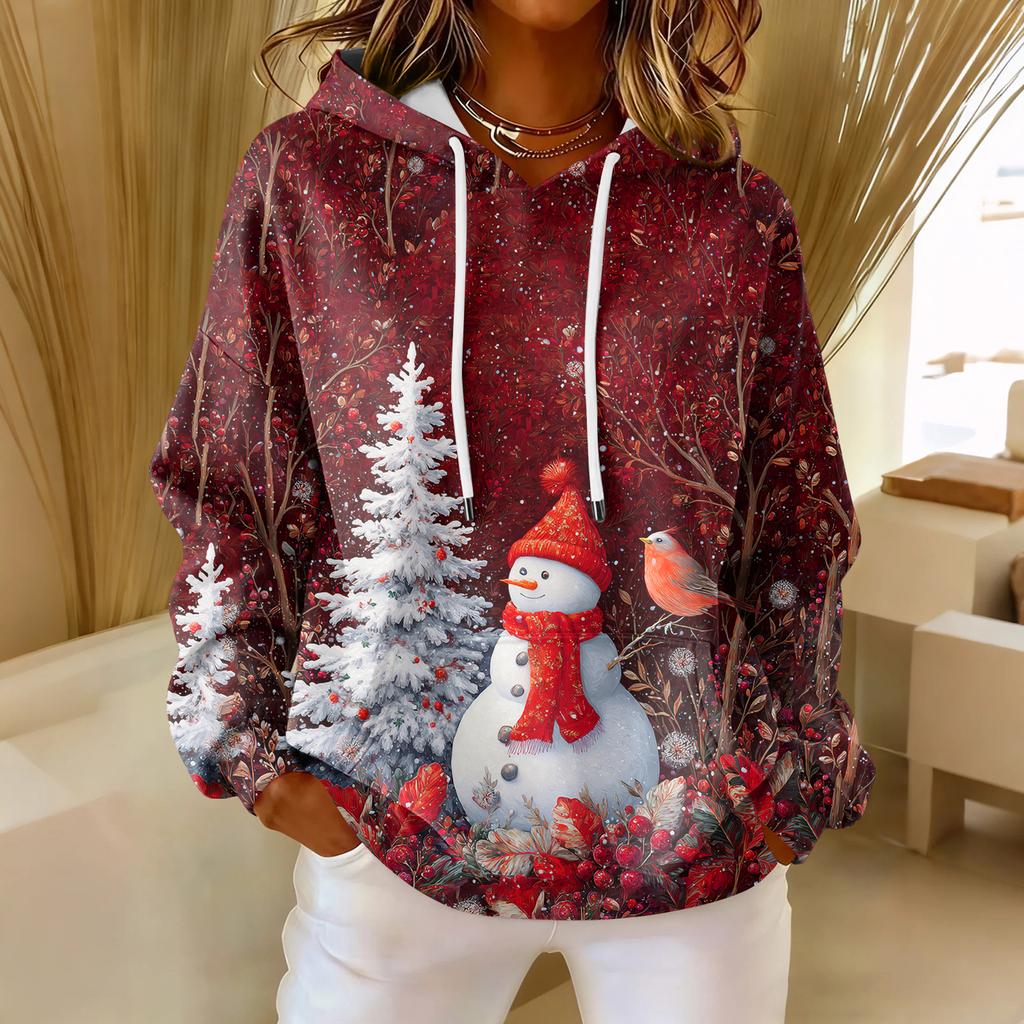 Dámská volná pohodlná ležérní módní mikina s dlouhým rukávem a vánočním potiskem ve výstřihu do V