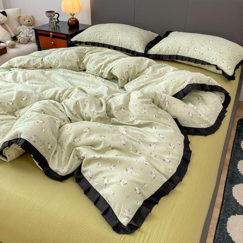 INS French Style Floral Simple Black Lace Double Layer Gauze Bedding Set Washed Cotton Bed Sheet Fitted Sheet Fresh Quilt Cover