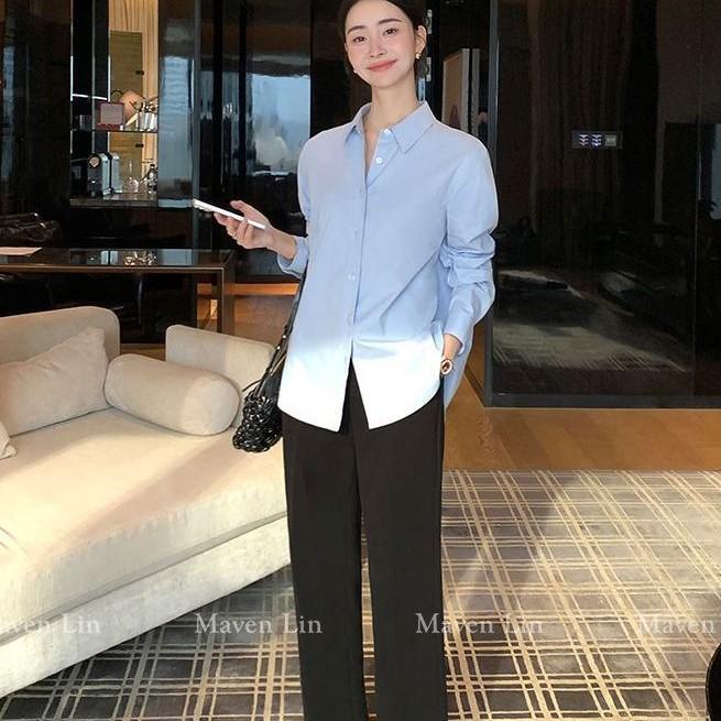 2026 Spring Women's Minimalist Light Blue Loose Long Sleeve Lapel Shirt