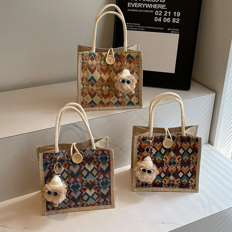 Rhombus linen handbag women's 2026 new souvenir bag fashionable women carrying small satchel when going out