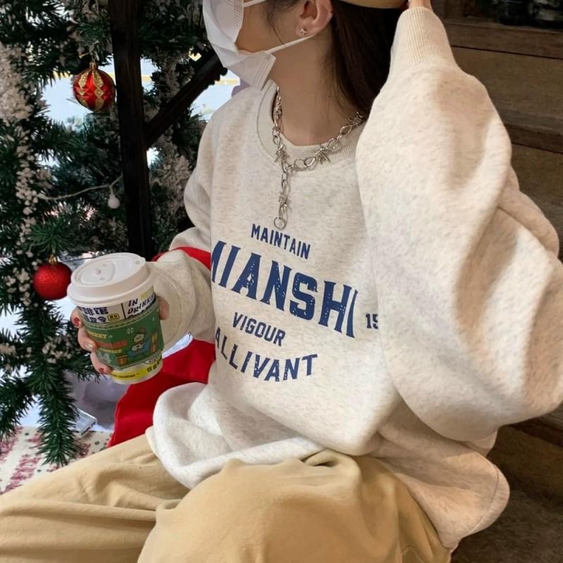 American Streetwear Vintage Oversized Crewneck Sweatshirt Winter Fleece Lined Casual Top