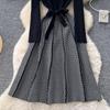 Autumn Winter Women Casual Full Sleeve Striped Knitted Sweater Pullover Lace-up Dresses