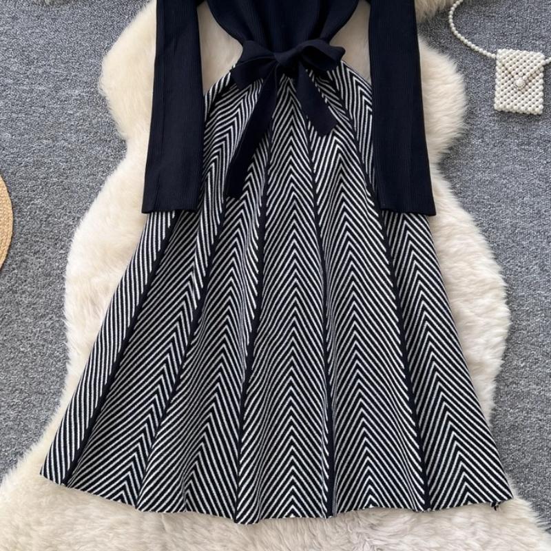 Autumn Winter Women Casual Full Sleeve Striped Knitted Sweater Pullover Lace-up Dresses