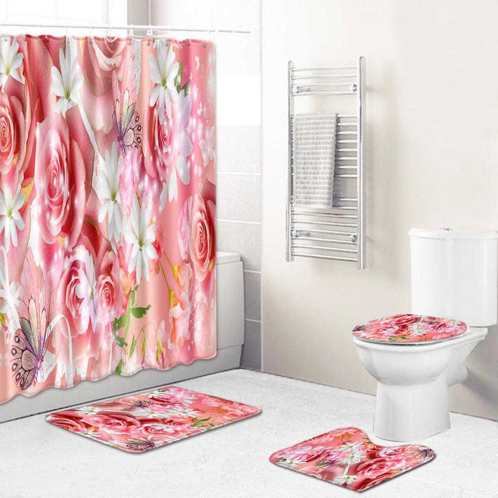 Love Valentine'S Day Shower Curtain Floor Mat Four-Piece Set Bathroom Non-Slip Door Mat Bedroom Carpet