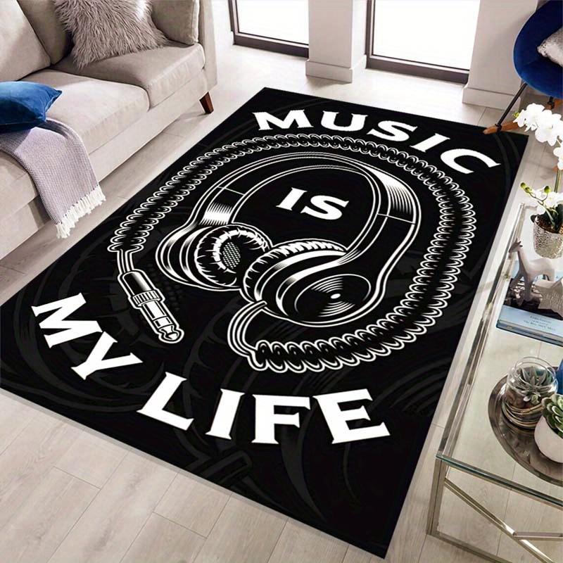

Music Is My Life Headphones Carpet - Anti-Slip Polyester Rug with Vibrant White Lettering, Black Background Design for Bedroom, 50x80cm