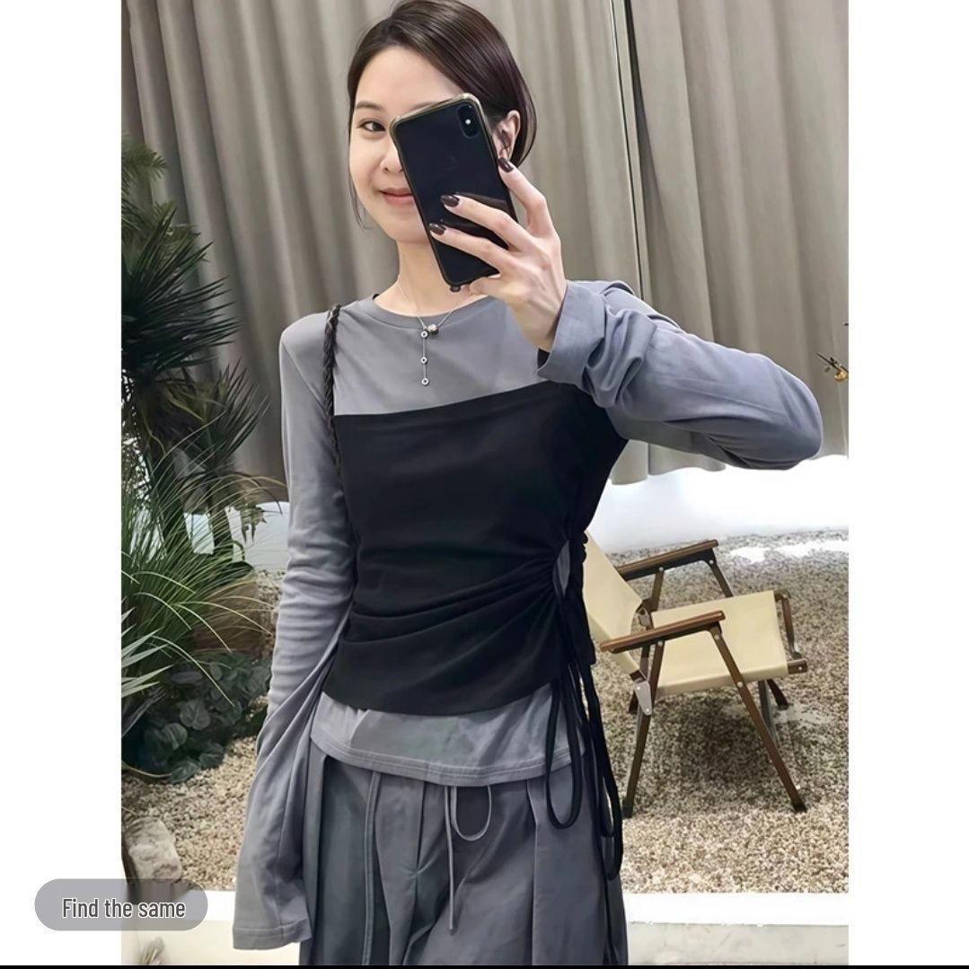

Chic Patchwork Color Block Two-Piece: Long Sleeve Top & Lace-Up Wide-Leg Pants Set for Women - Spring/Autumn 2026 Fashion. M 90-105
