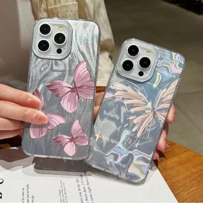 Einfarbiger Schmetterlingsdruck, weiche Kante, schlanke Handyhülle für iPhone 16 Pro 15 Pro Max 14 13 12 11, Glitzerfeder, stoßfest, funkelnde harte PC-Rückseite