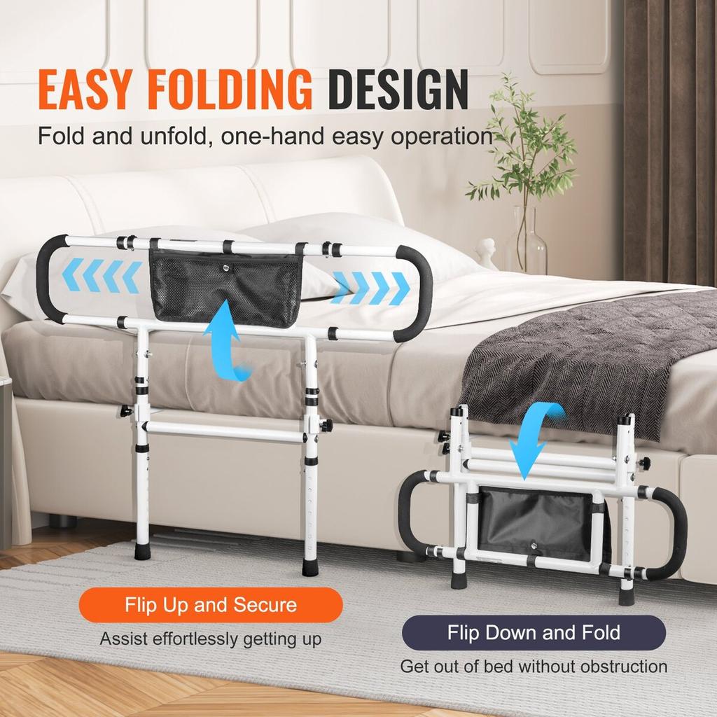Bed Rails for Elderly Adults, 180° Foldable Bed Assist Rails for Seniors, 450LBS Loading Bed Side Rails Bed Cane with 4-Level Adjustable Handle,