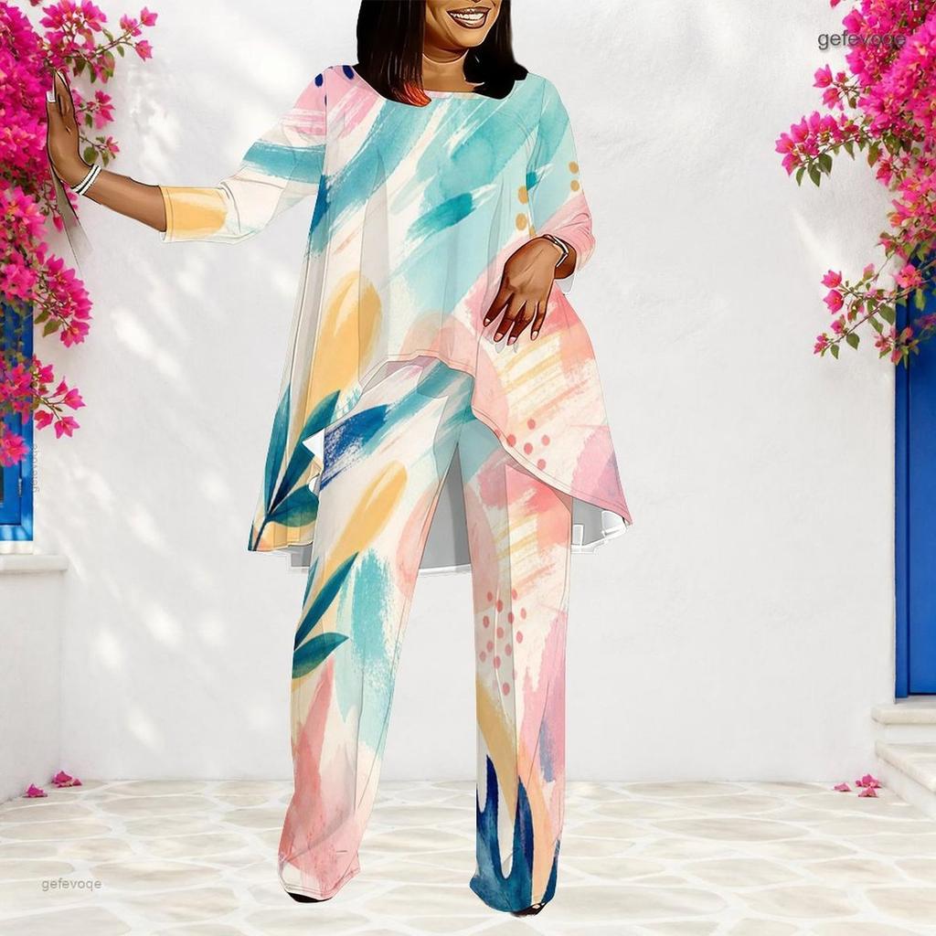 Women Plus Size Round Neck Printed Long Sleeve Layered Top Long Pants Two Piece Set