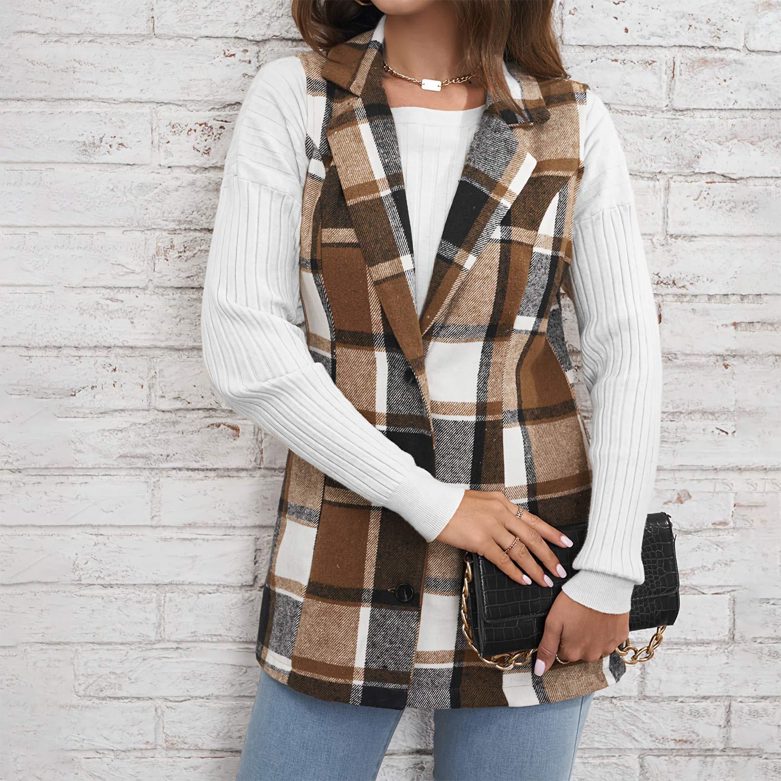 

Модный женский приталенный топ без рукавов с воротником с лацканами, жилет, клетчатая куртка на пуговицах L светло-коричневого