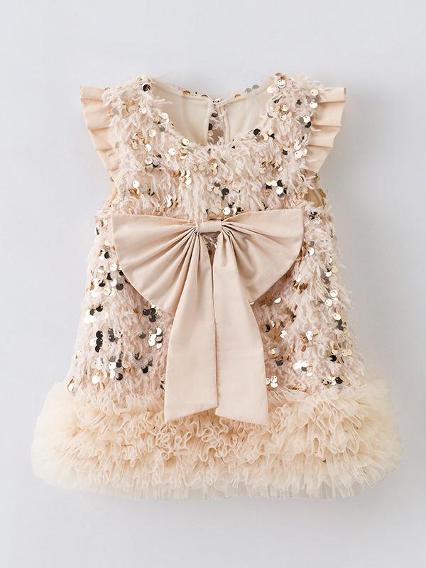 Baby Girl's Fluffy Sequin Bow Vest Dress - Korean Style Spring Party Princess Outfit