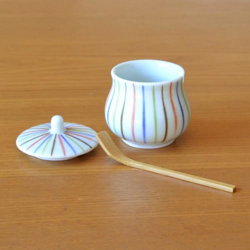 Stylish Ceramic Condiment Container with Lid and Bamboo Spoon, Suitable for Commercial or Home Use. Made In Japan by Arita Ware, "Yoshiki Tokusa" (fou