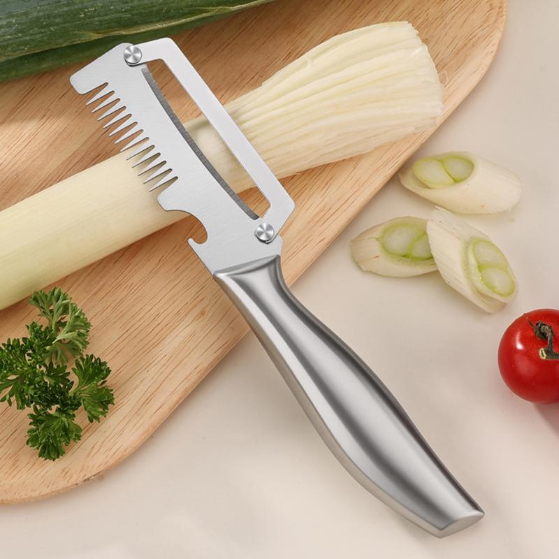 3-in-1 Stainless Steel Peeler Multifunctional Scallion Slicer with Bottle Opener Vegetable Peeling Shredding Cutter for Home Use