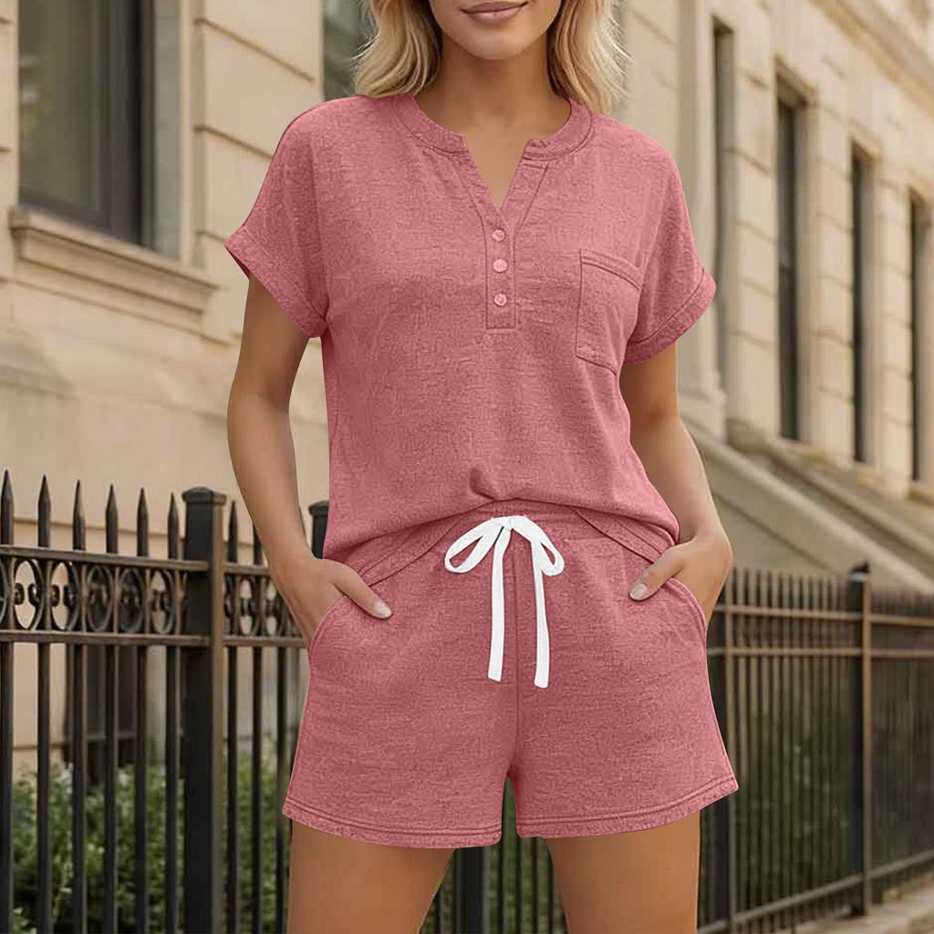 Women Casual Two Piece Lounge Set Short Sleeve Henley Neck Top with Button Detail and Drawstring Waist Shorts Relaxed Fit