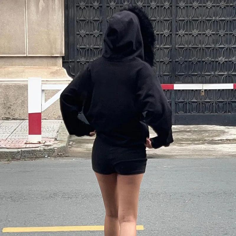Jachetă Glugă Goth Guler de blană artificială întunecată Hanoare cu glugă cu fermoar Buzunare gotice Grunge Toamnă Negru Femei Streetwear Cardigane