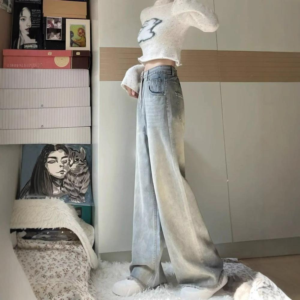 

Vintage Small Size Wide Leg Jeans Female Spring and Autumn Design Sense High-waisted Loose Skinny Ragged Straight Trousers Long Denim Pants XS