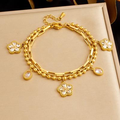 Bracciale a Doppio Strato Placcato Oro con Ciondoli Quadrifoglio e Cristallo a Goccia Gioielli di Moda per Donna