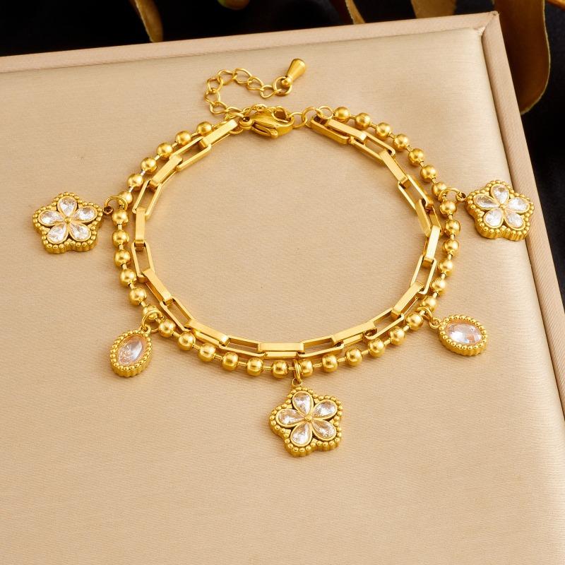 Gold Plated Double Layer Bracelet with Clover and Teardrop Crystal Charms Fashion Jewelry for Women золотой
