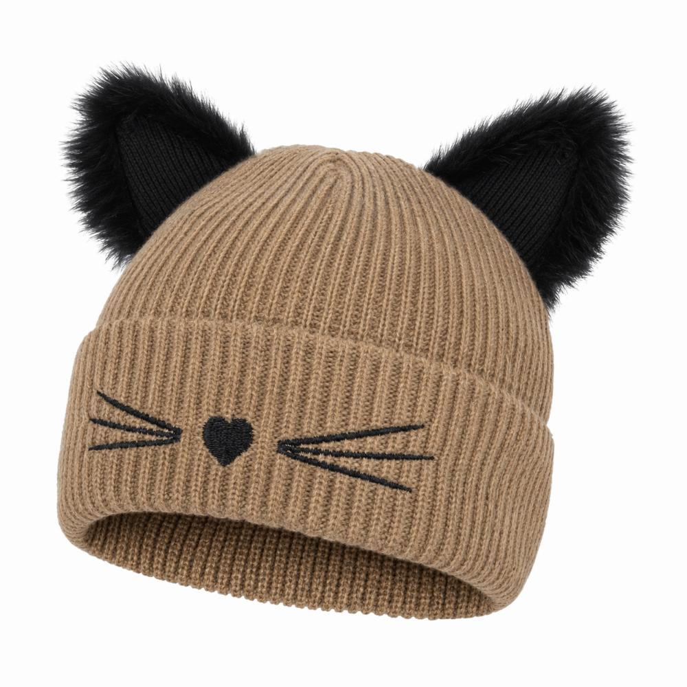 Embroidery Cat Ear Beanie Faux Fur Winter Hat Cute Kawaii Beanie For Women