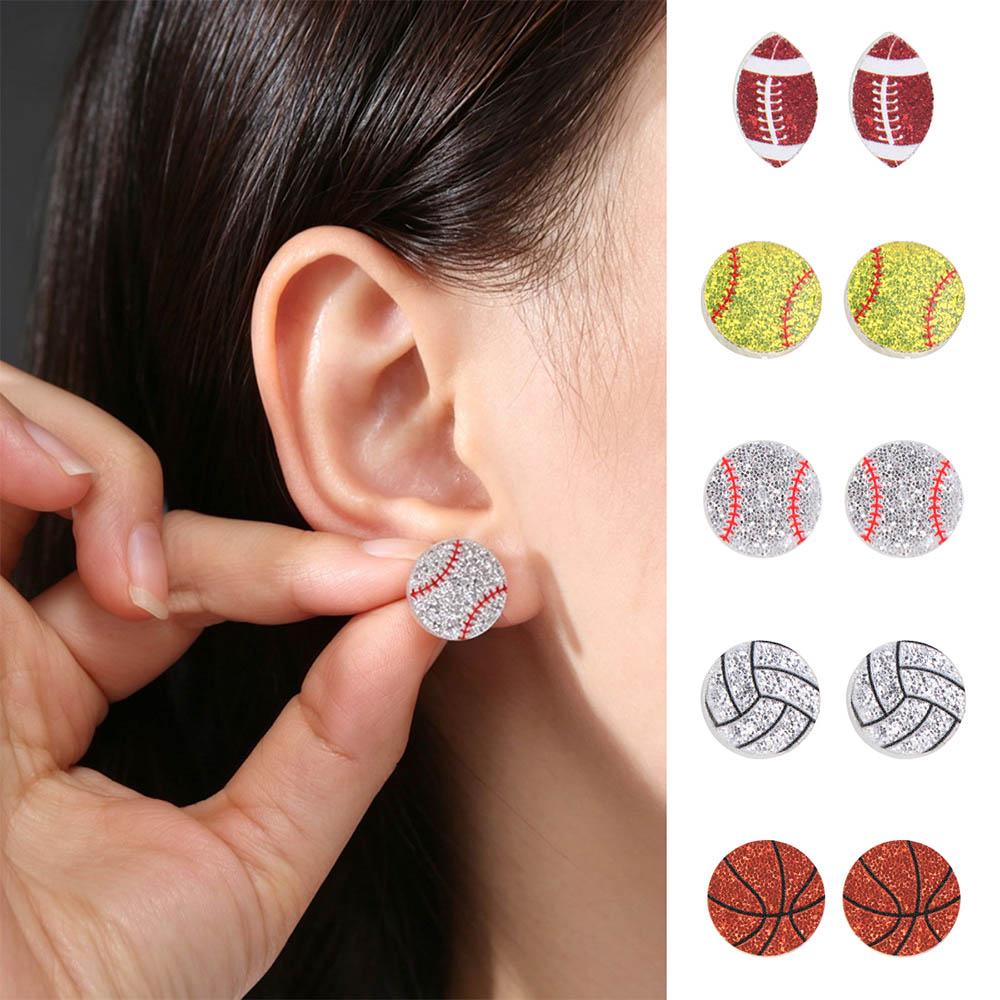 Acrylic Sparkling Ball Stud Earrings Soccer Rugby Volleyball Ear Jewelry Athletes Sports Fans