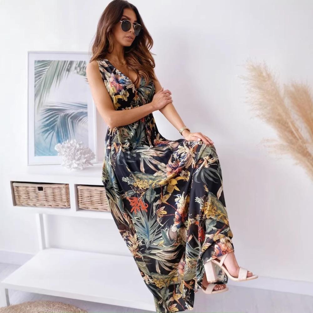 Women's V Neck Sleeveless Tropical Print Maxi Dress High Waist A Line Casual Beach Dress