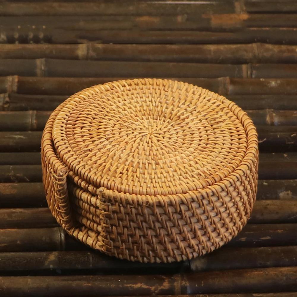 Retro Rattan Coaster Table Natural Woven Rattan Cup Coaster Drink Mug Pot Tea Coffee Placemat Handmade Kitchen Accessories