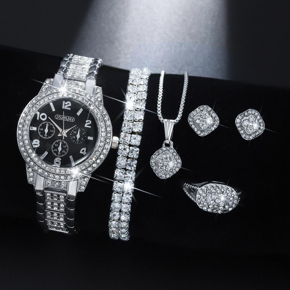

6 шт. Круглые кварцевые часы со стразами, ремешок из нержавеющей стали, циферблат из цинкового сплава и браслет со стразами, ожерелье, серьги, ювелирные изделия чёрный/серебряный