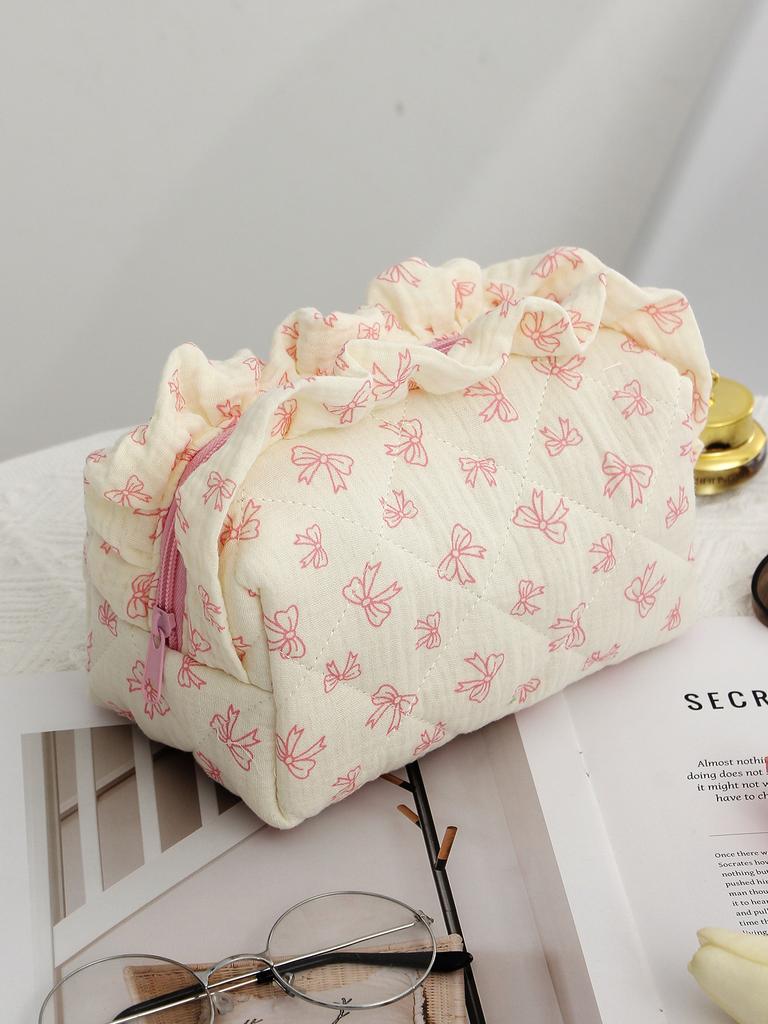 Lace Bow Cosmetic Bag Student Ribbon Quilted Pencil Bag Portable Toiletries Bag Liner Bag