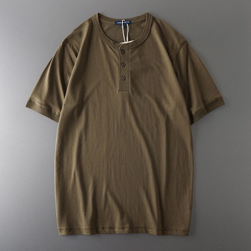 Export Tail Single Cut Label American Heavy Weight Henley Shirt Short Sleeve Men's Henry Collar Hard Han Style T-shirt Menswear Clothing Tops