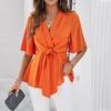Women's Shirt Solid Color Short Sleeve Tie Tunic Top