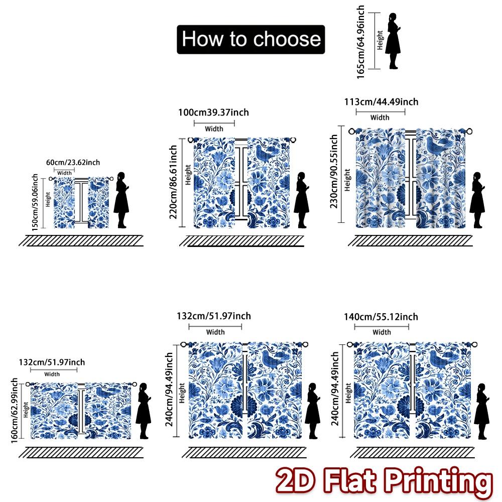 2D FLAT PRINTING 2pcs Curtains (Without Rod) Floral Motif with Birds Ramadan Festival Popular Curtains&Drapes Versatile