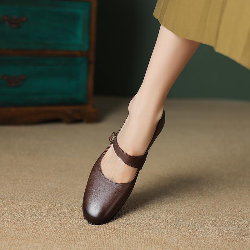 Hovězí kůže s kulatou špičkou tlusté střední podpatky podzimní boty Mary Janes pevné dámské lodičky