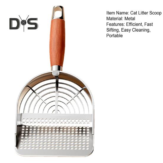 Katzenstreuschaufel aus Metall mit Halter, Haustierkotschaufel mit ergonomischem Holzgriff, schnelle Siebschaufel, Katzenbedarf