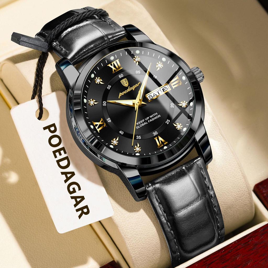 POEDAGAR Luxury Business Men Watch Waterproof Luminous Week Date Fashion Classic Man Wristwatch Leather Sports Men's Quartz Watches