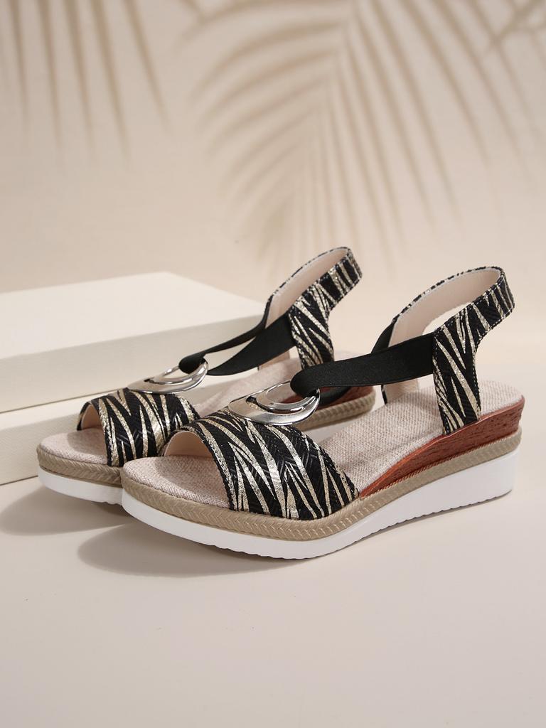 2025 new sandals European and American large-size sandals metal buckle decorative hemp rope wedge heel breathable fish mouth sandals outer wear