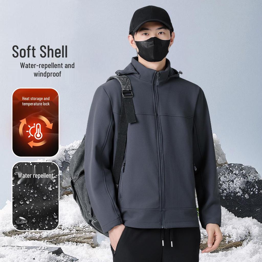 Men's 2025 Three-Proof Fleece-Lined Softshell Jacket with Detachable Hood - Windproof & Waterproof.