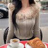 European and American Casual Fur Collar Zipper Knit Cardigan Sweater for Women