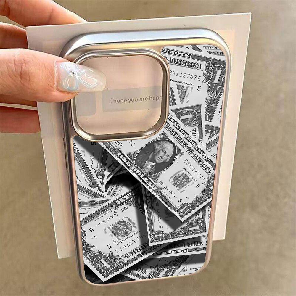 Money Pattern Electroplated Frame Clear Phone Case For iPhone 17 Pro Max 16 15 14 13 12 11 Pro 16 Plus 17 Air Shockproof Cover
