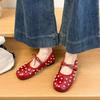 New French Pearl Round Toe One Strap Mary Jane Shoes Women's Bow Flat Ballet Single Shoes