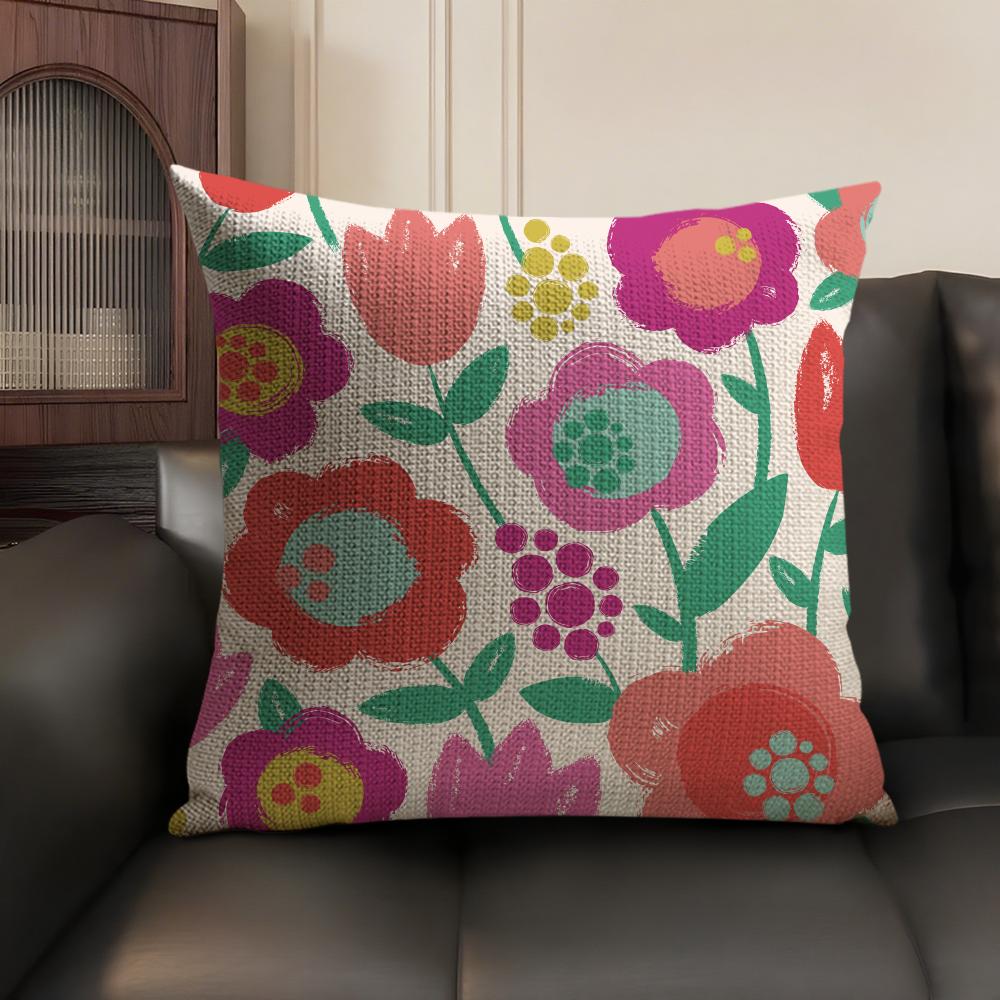 Colorful Flowers Cushion Cover Summer Breathable Linen Organic Fabric Double-Sided Printing Sofa Pillow Case Home Decor