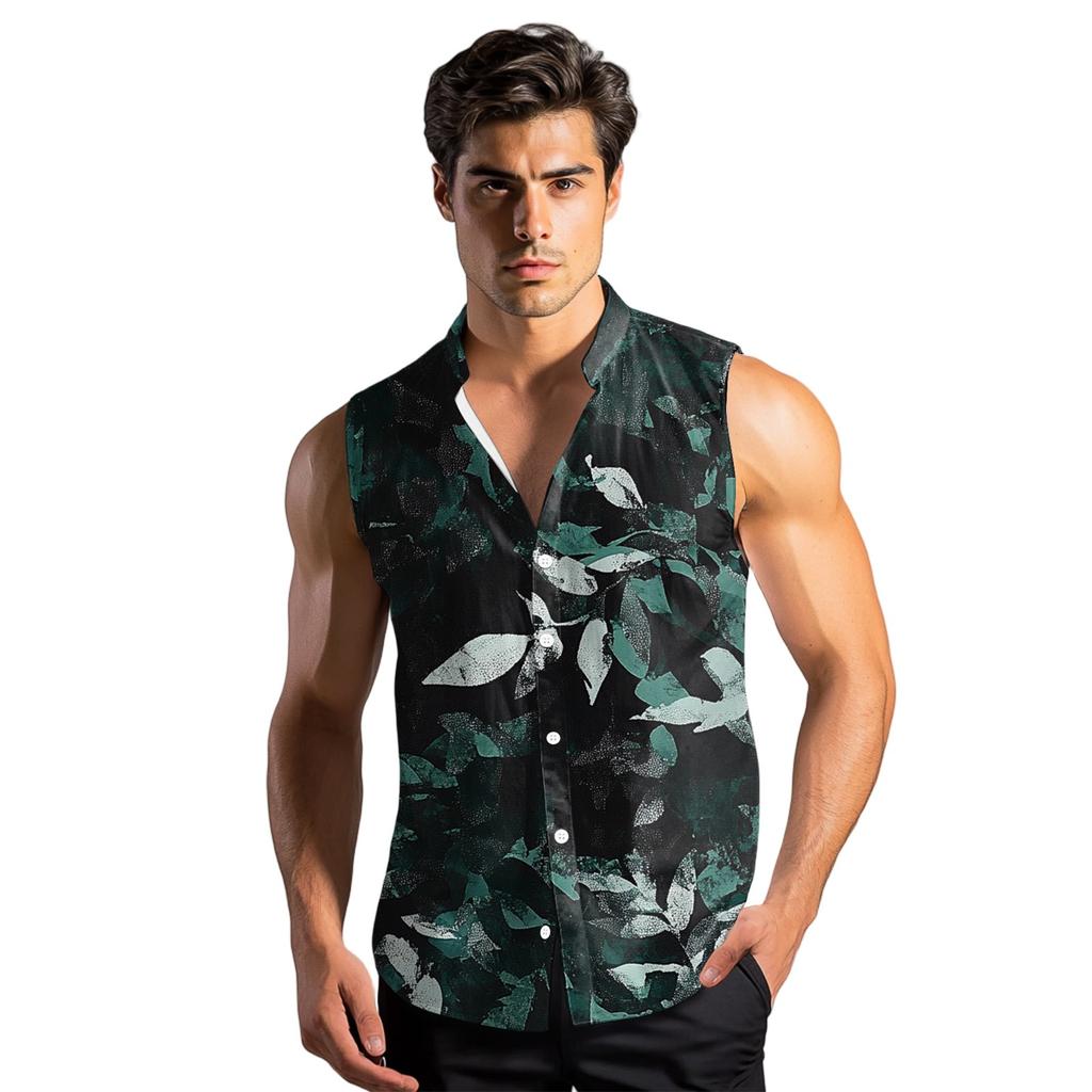 Men's Fashion Printed Sleeveless Lapel Button-Down Shirt Vest Top