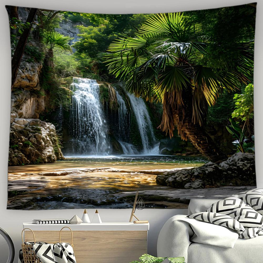 Asian Style Landscape Tapestry Nature Scenery Forest Waterfall Bedroom Living Room Home Wall Hanging Decor Natural Tapestry