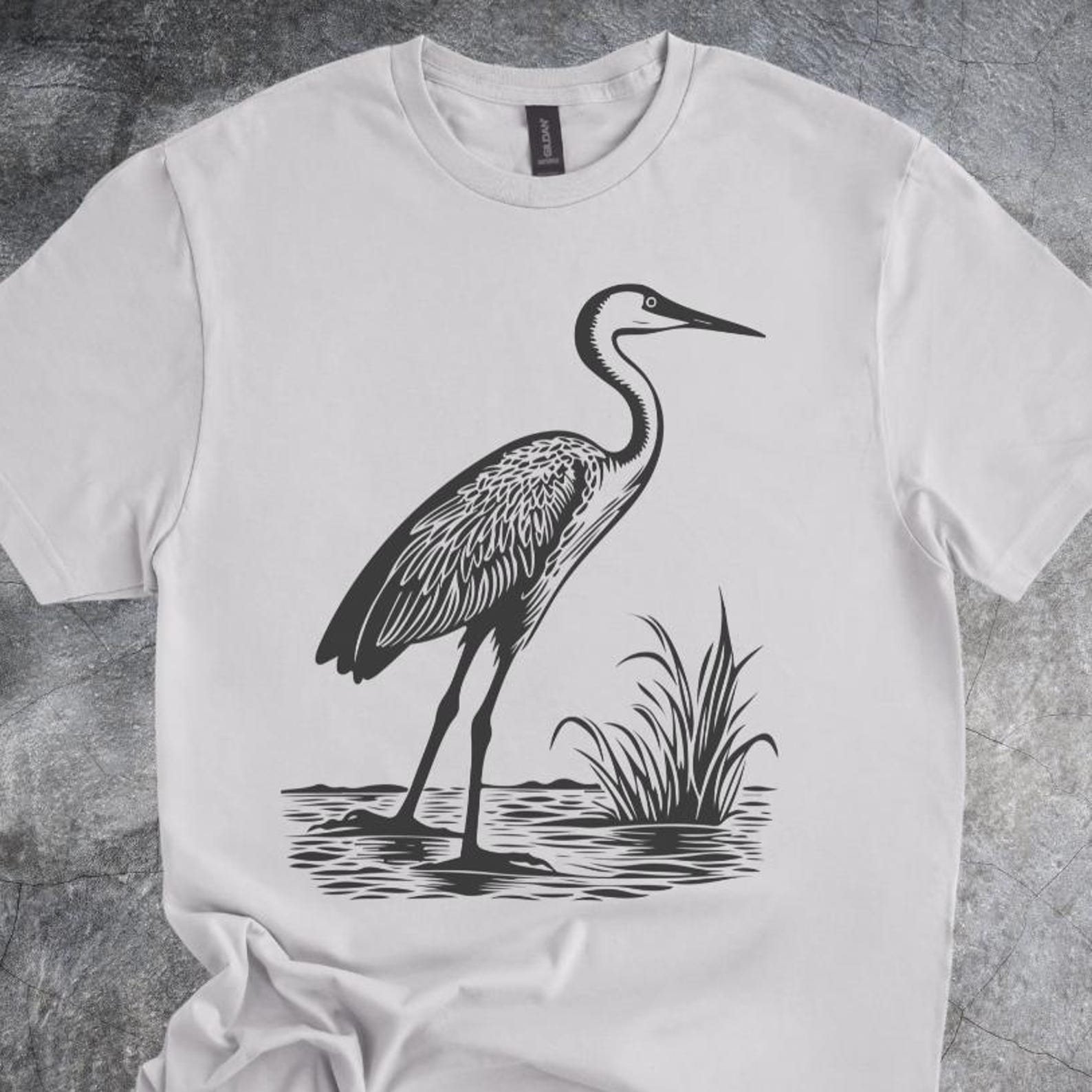 Heron Wildlife Shirt Marsh Bird Illustration Graphic Tshirt Cotton Style Tee Short Sleeve Gray 130