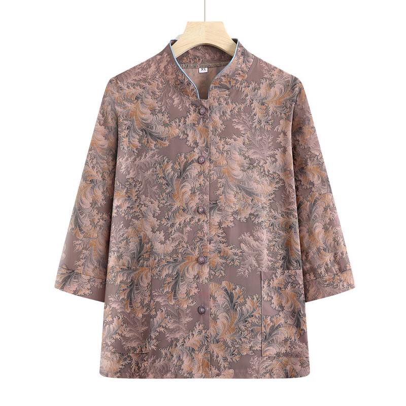 Elderly Women's Floral Print 7-Sleeve Cardigan Shirt
