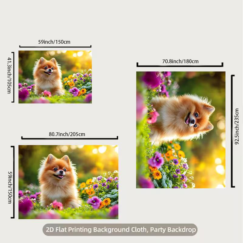 Pomeranian Puppy Tapestry Backdrop, Garden Flower Background for Photoshoot